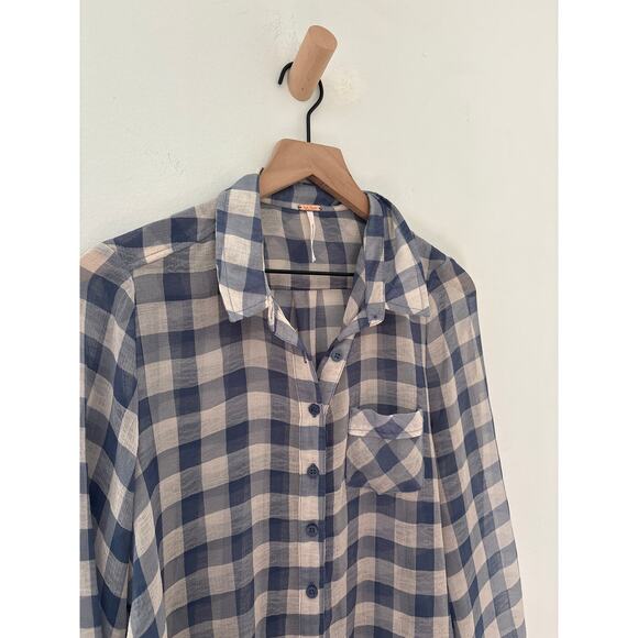 Free People Gauzy Gingham Button Up Shirt Womens Small Buffalo Plaid Semi Sheer - Picture 3 of 9